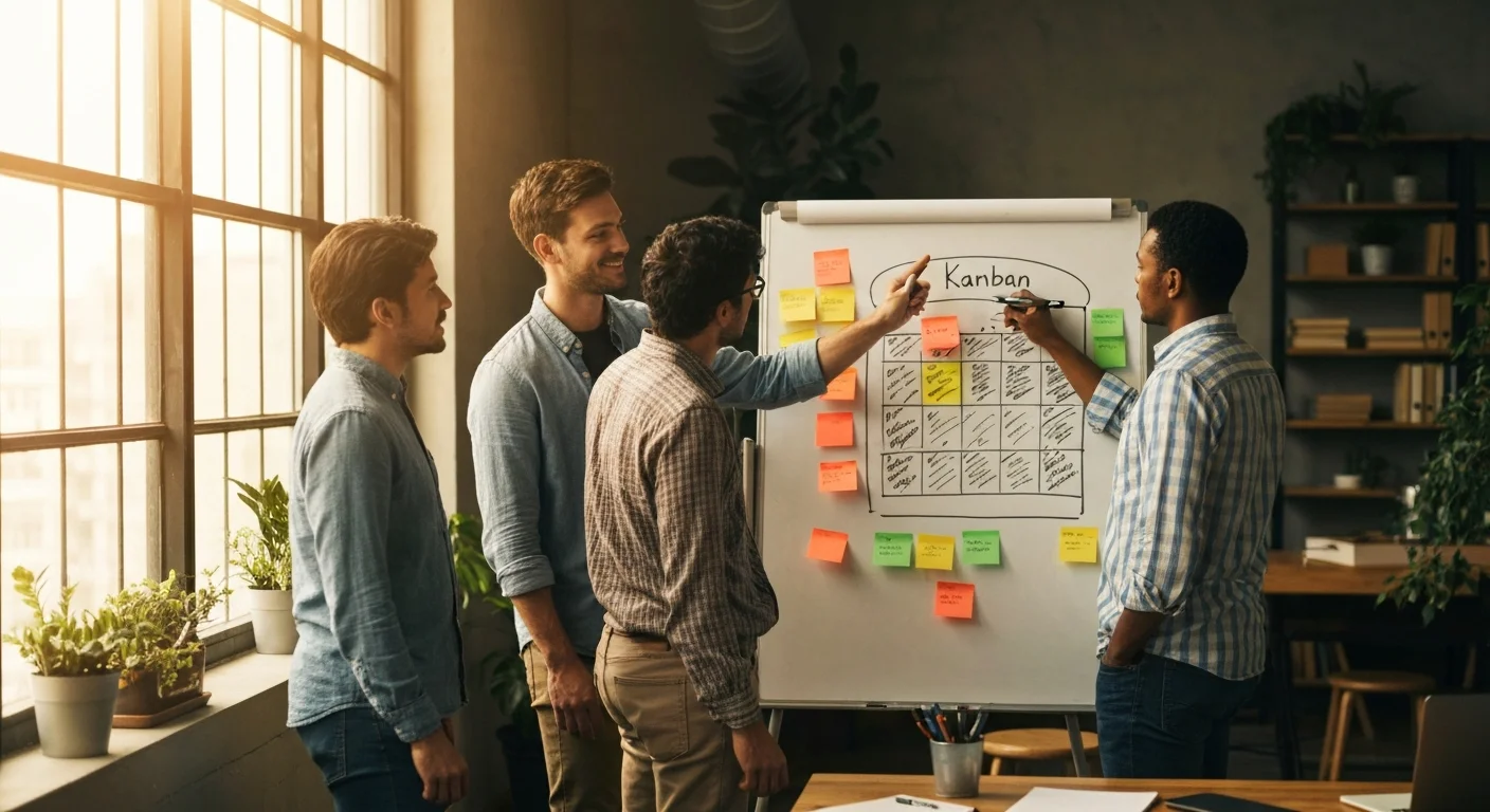 Team am Whiteboard mit Kanban-Board, Post-its und Markern in einem hellen Büro