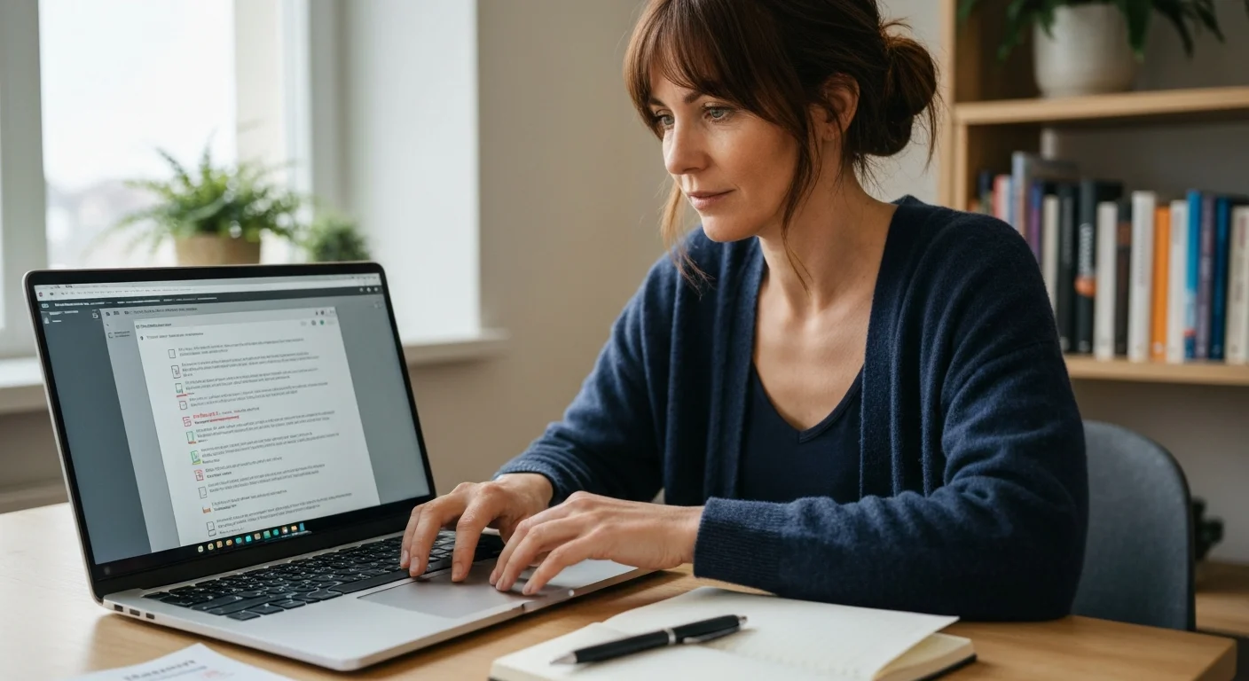 Frau Ende 30 am Laptop, schreibt konzentriert ein Anschreiben, Notizen daneben
