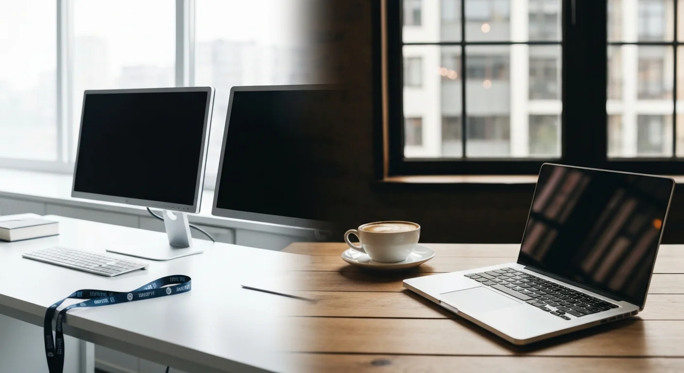 Zwei geteilte Schreibtische nebeneinander, einer klassisch Büro, einer im Café mit Laptop, symbolisch für Anstellung und Freelance