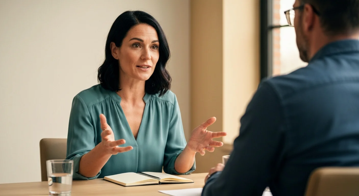 Frau Mitte 30 im Gespräch, ruhige konzentrierte Haltung, erklärt etwas mit Händen, Interviewer hört zu