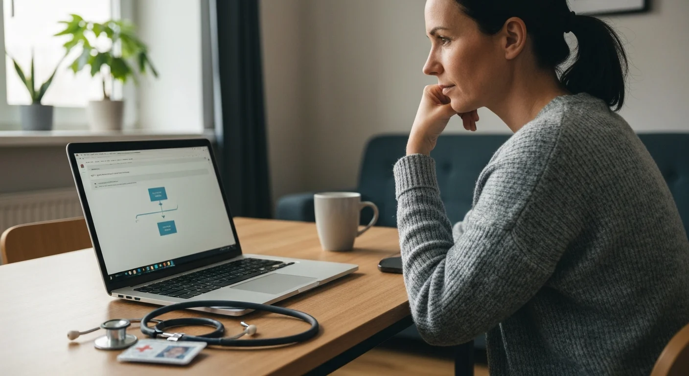 Ehemalige medizinische Fachangestellte Mitte 30 in ruhigem Arbeitszimmer, Laptop zeigt einfaches Prozessdiagramm, Stethoskop liegt zur Seite geschoben