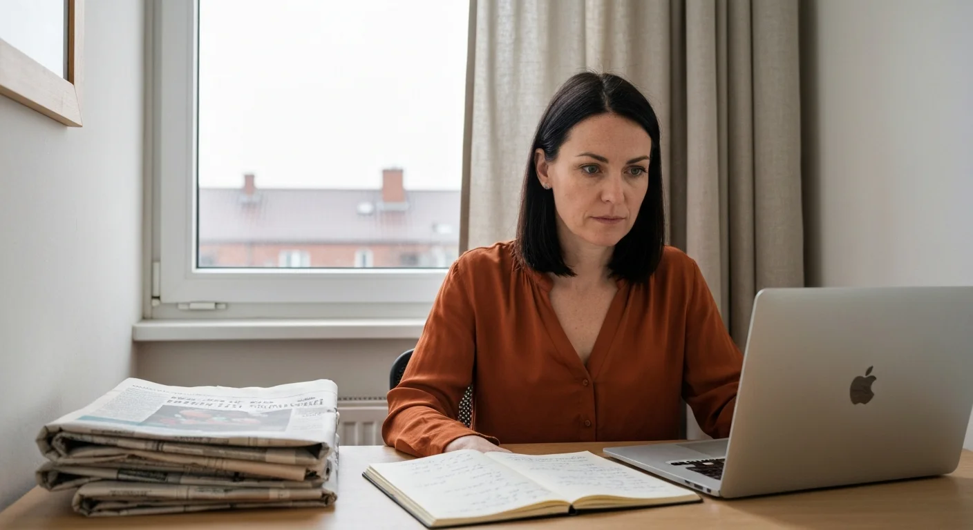Journalistin Ende 30 am Schreibtisch am Fenster, geschlossene Redaktions-Zeitungen, aufgeschlagener Laptop