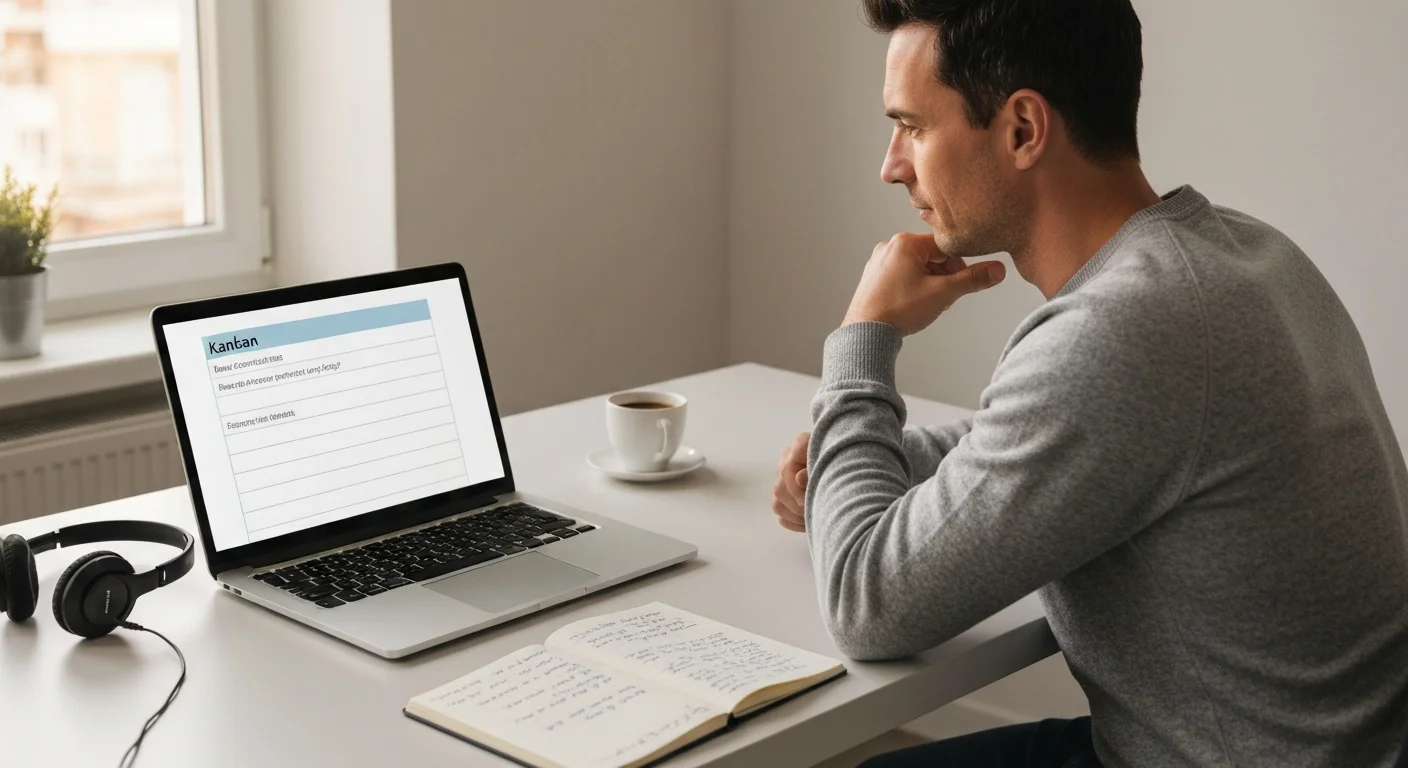 Vertriebsmitarbeiter Mitte 30 am Schreibtisch, Telefon beiseite gelegt, Laptop zeigt Prozessdiagramm