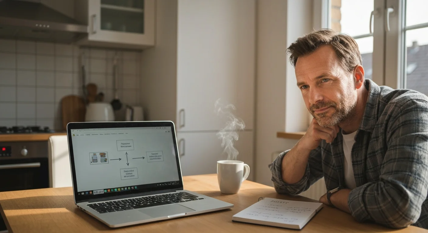 Facharbeiter Mitte 40 am Küchentisch mit Laptop, konzentriert auf einen Prozessplan