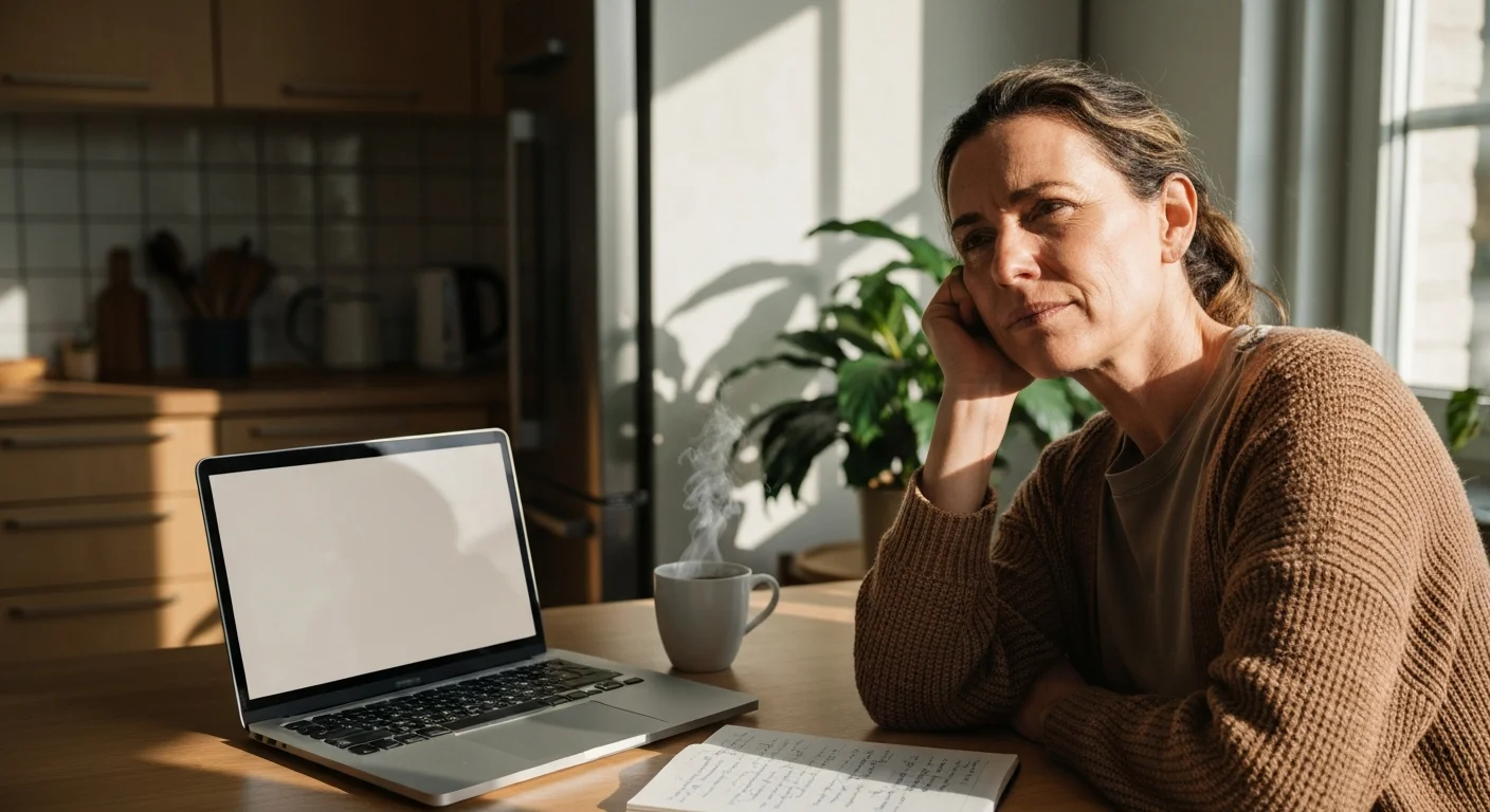 Kulturschaffende Anfang 40 in einer hellen Wohnung am Laptop, Notizbuch und Kaffee, ruhig konzentriert