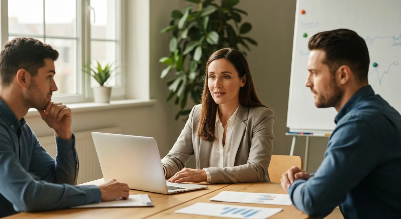 Projektleiter spricht mit zwei Mitarbeitern im Besprechungsraum, Laptop und Notizen auf dem Tisch