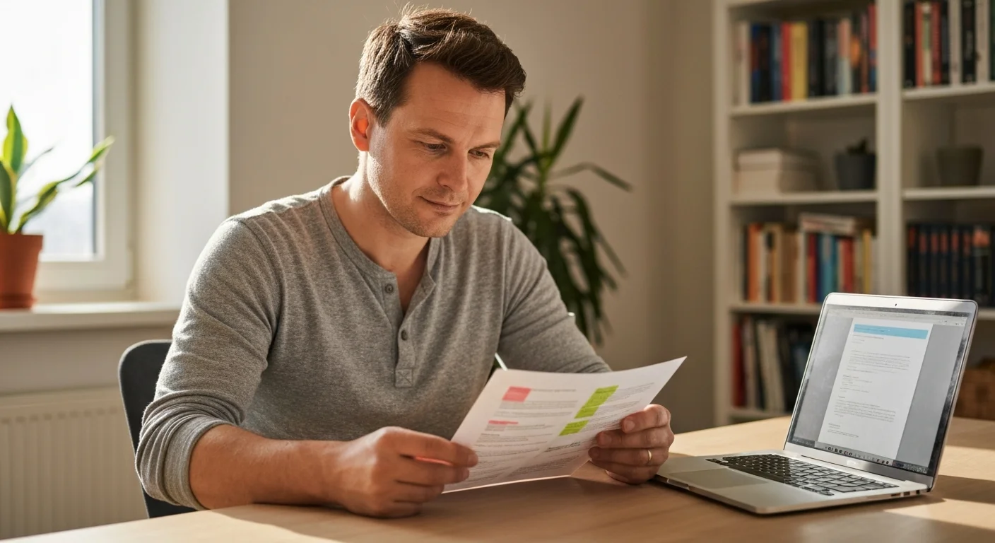 Angehender Digitalisierungsmanager am Schreibtisch, liest Datenschutzunterlagen, Laptop im Hintergrund