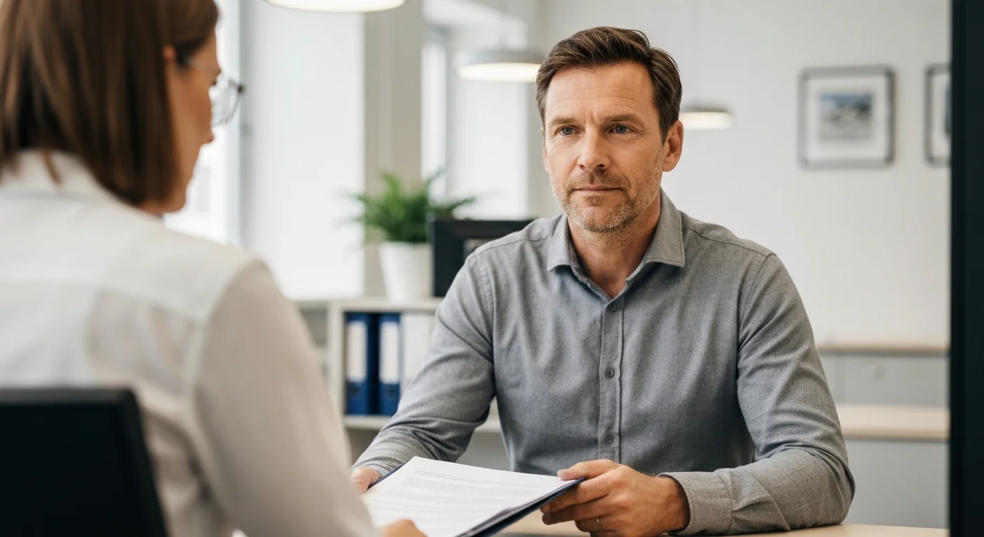 Mann Mitte 40 sitzt mit einem Ordner in der Hand im Beratungsgespräch einer Agentur für Arbeit, Bildungsgutschein-Unterlagen auf dem Tisch