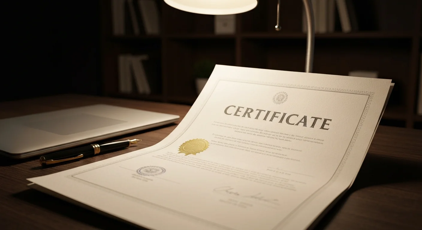 Zertifikat auf Schreibtisch neben Laptop, Stempel sichtbar, professionelle Atmosphäre