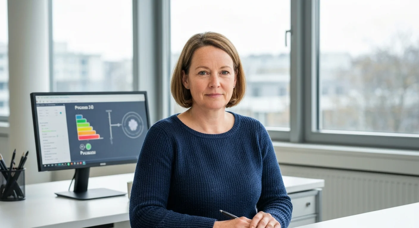 Digitalisierungsmanagerin in einem Verwaltungsbüro eines Stadtwerks vor einem Bildschirm mit Energieprozessen