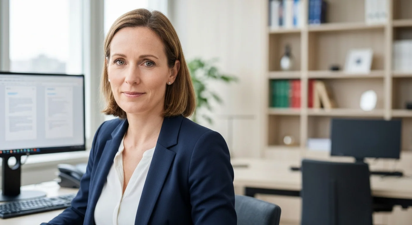 Digitalisierungsmanagerin in einer hellen Steuerkanzlei vor einem Bildschirm mit Mandantenakte