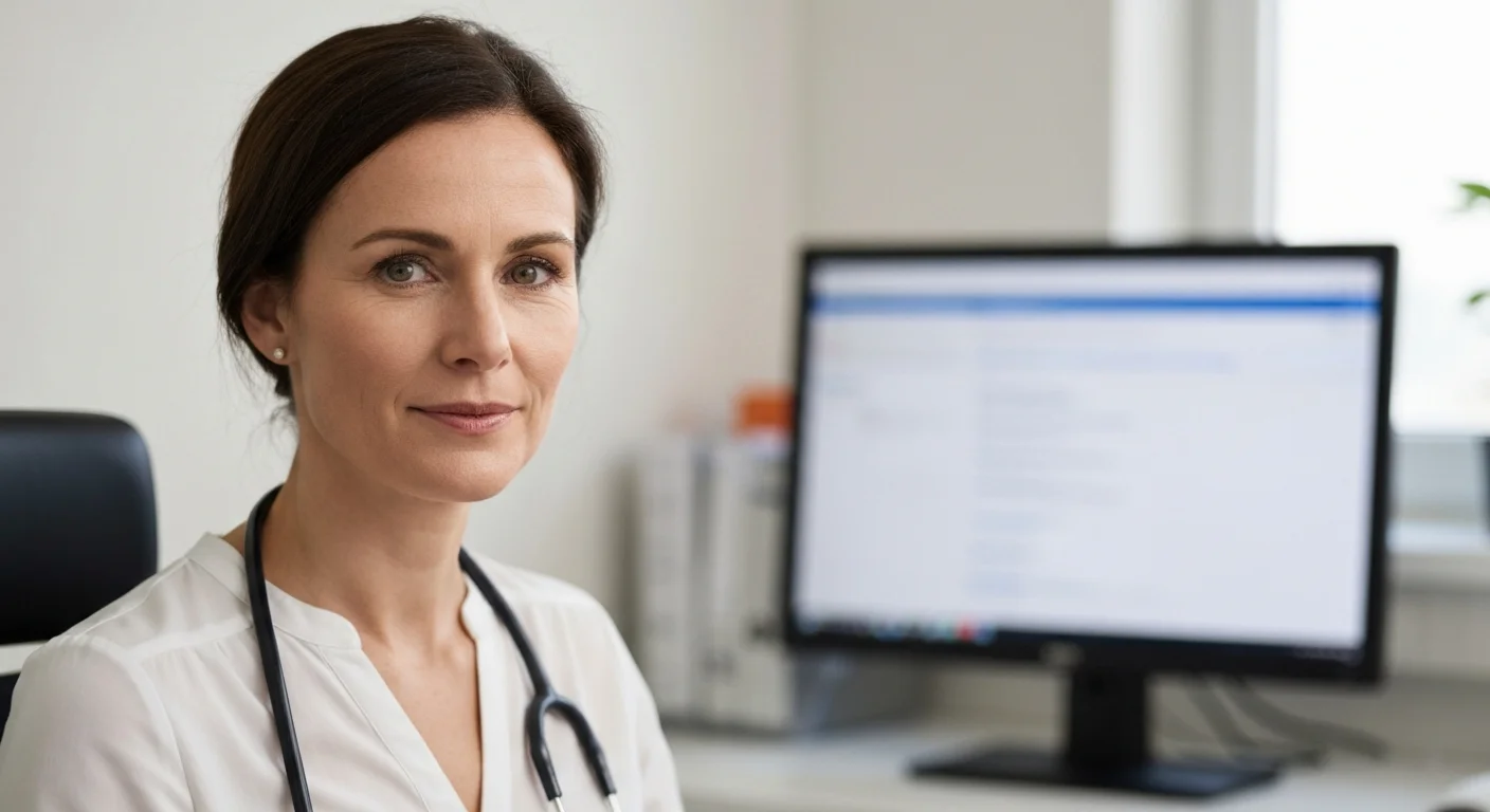 Digitalisierungsmanagerin im Verwaltungsbüro einer Praxis vor einem Bildschirm mit Patientenverwaltung