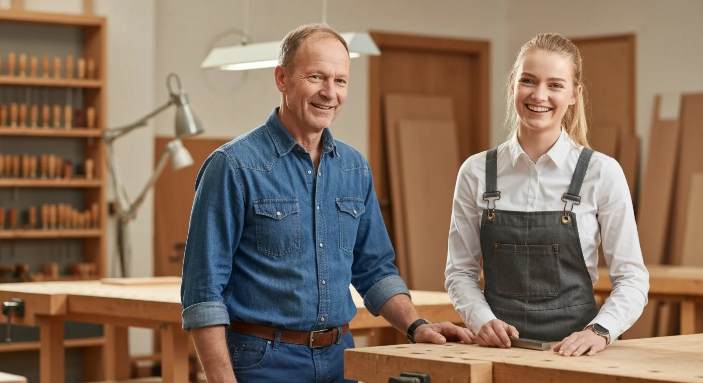 Digitalisierungsmanagerin in einem Handwerksbetrieb mit Tablet, im Hintergrund eine Werkstatt