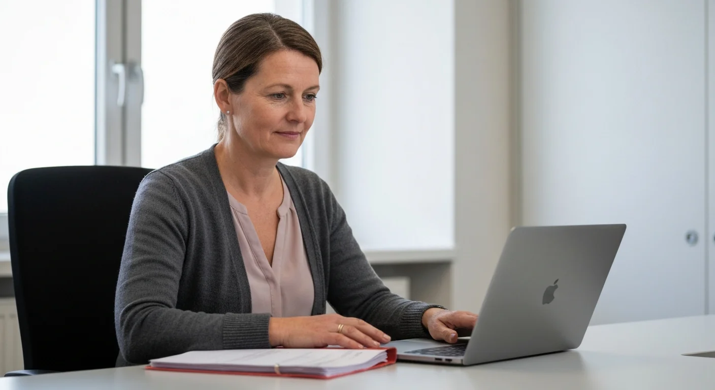 Digitalisierungsmanagerin in einem hellen Büro einer Behörde, neben einem Aktenordner mit Laptop