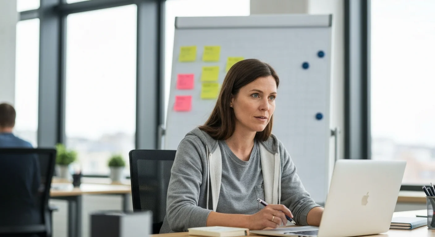 Digitalisierungsmanagerin in einem hellen Startup-Büro mit Laptop, im Hintergrund Whiteboard mit Notizen