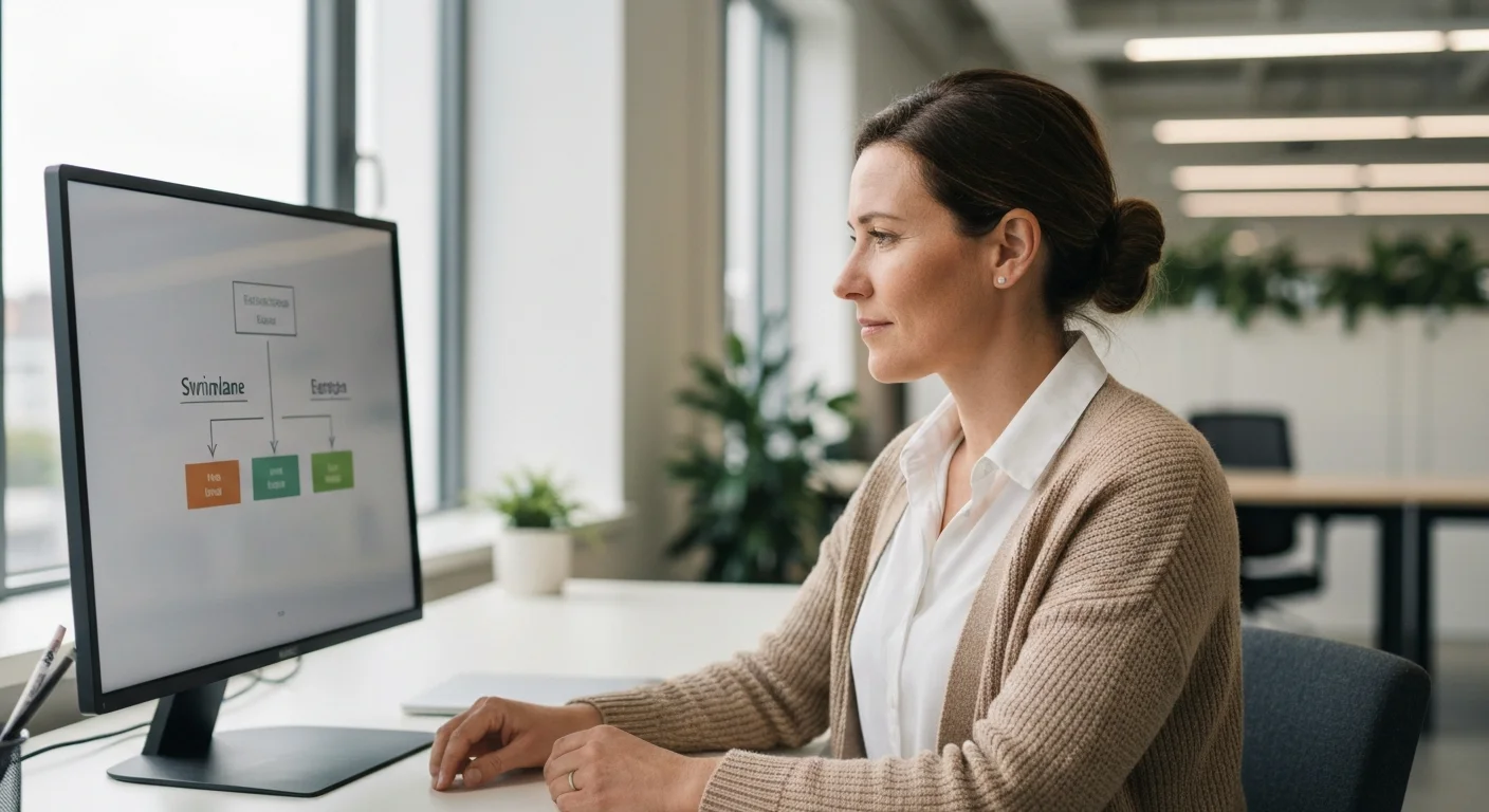 Digitalisierungsmanagerin in einem ruhigen Büro analysiert einen Schadenprozess am Bildschirm