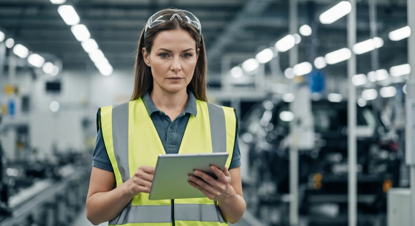 Digitalisierungsmanagerin im Werk eines Automobilzulieferers vor einer Montagelinie