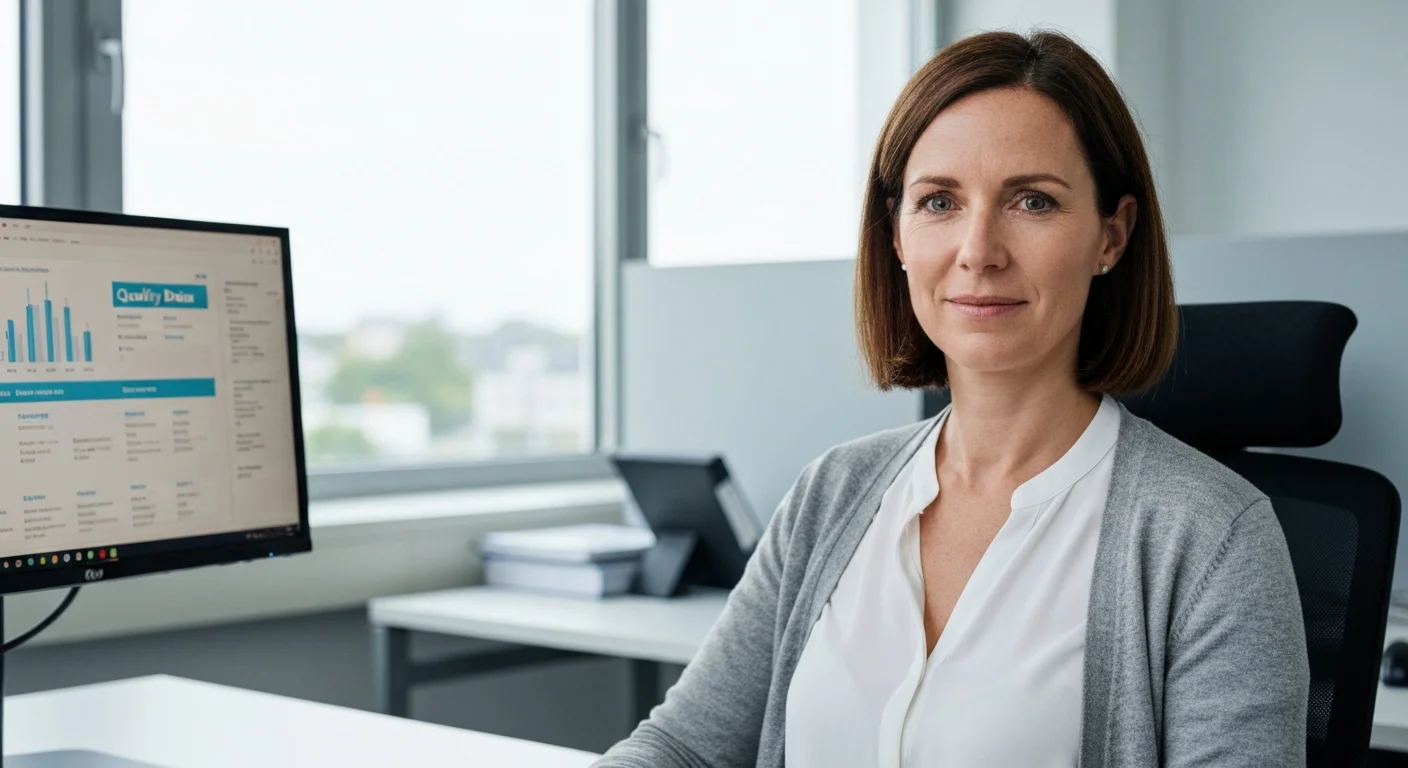 Digitalisierungsmanagerin in einem hellen pharmazeutischen Verwaltungsbüro vor einem Bildschirm mit Prozessdaten