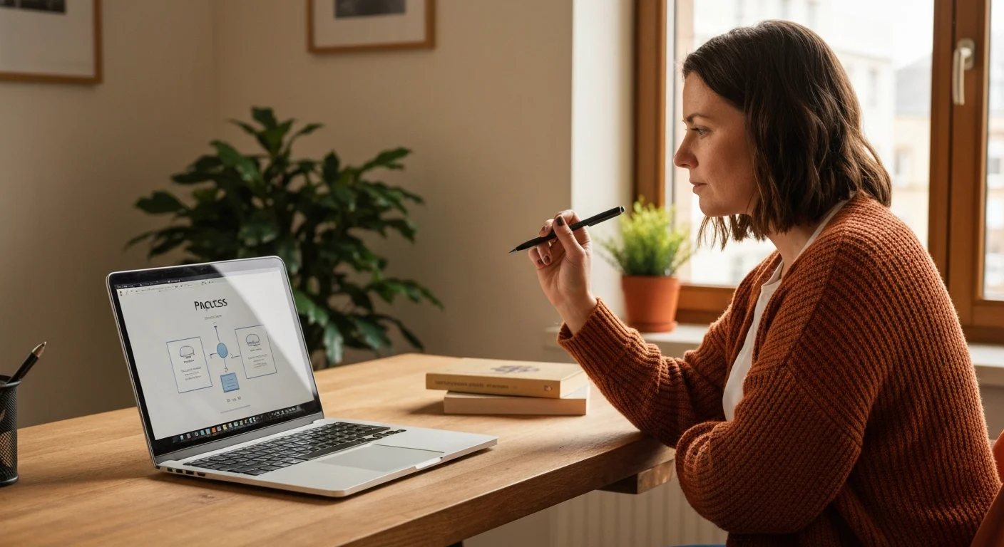Frau Anfang 30 in Home-Office, kein Abschlusszertifikat sichtbar, Laptop mit Prozessdiagramm