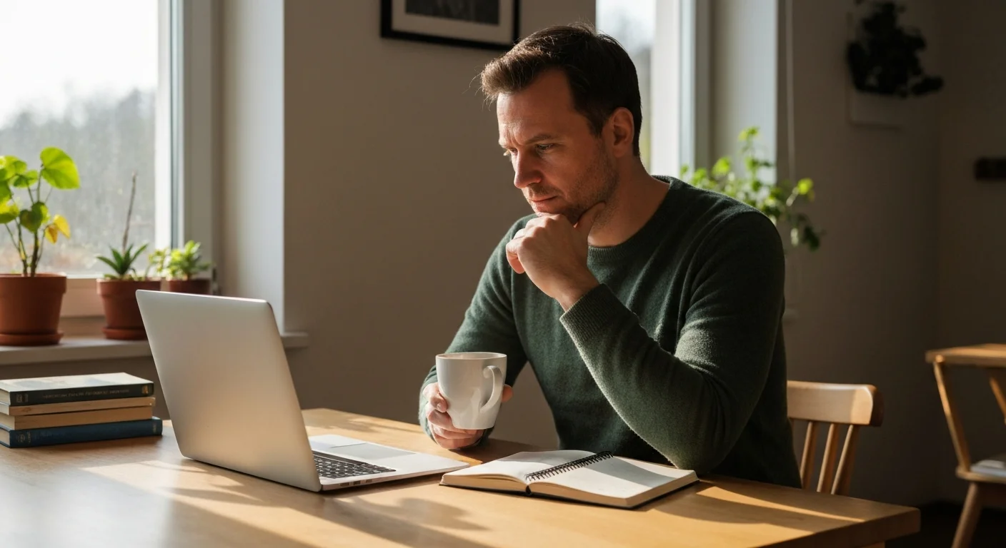 Mann Mitte 30 am Küchentisch mit Laptop und Notizbuch, kein Unicampus, konzentrierter Blick
