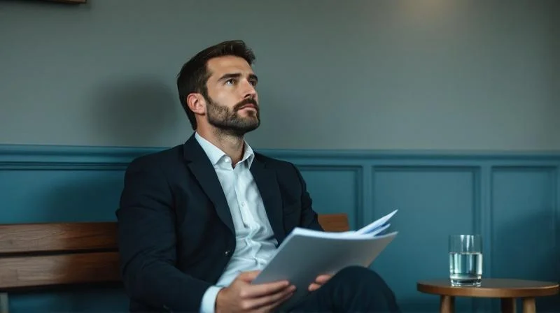 Arbeitssuchende Person wartet mit Unterlagen im Ordner vor einem ruhigen Beratungsraum