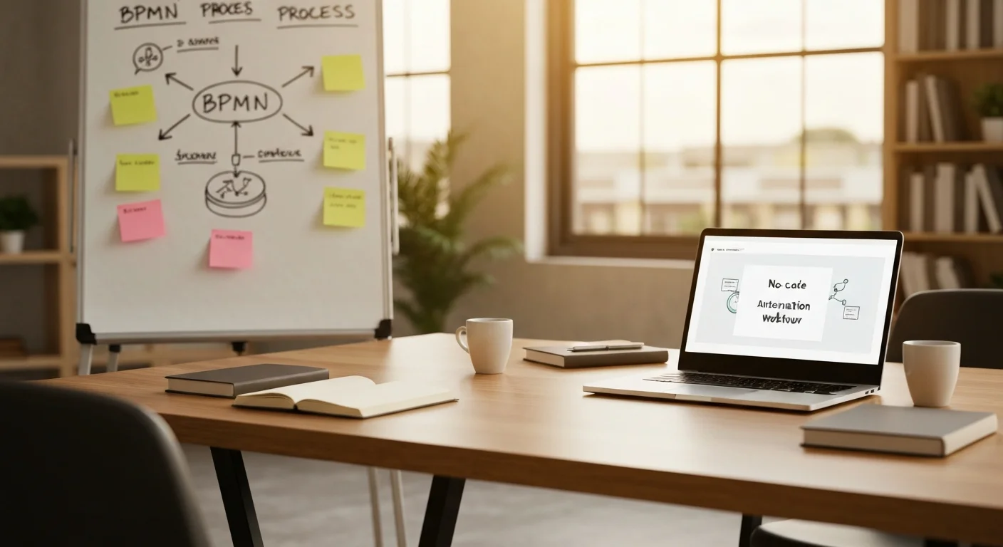 Zwei Arbeitsplätze nebeneinander, links ein Flipchart mit Prozessdiagramm, rechts ein Laptop mit KI-Workflow