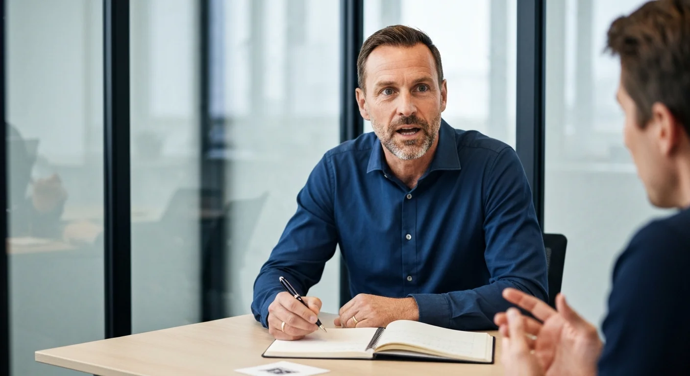 Mann Anfang 40 im Büro, hört aufmerksam einem Kollegen zu, Notizblock auf dem Tisch
