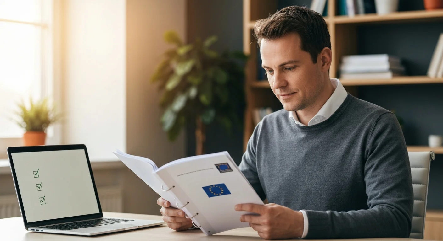 Digitalisierungsmanager am Schreibtisch, liest Aktenordner mit EU-Flagge auf dem Tisch, daneben Laptop mit Dokumentenliste