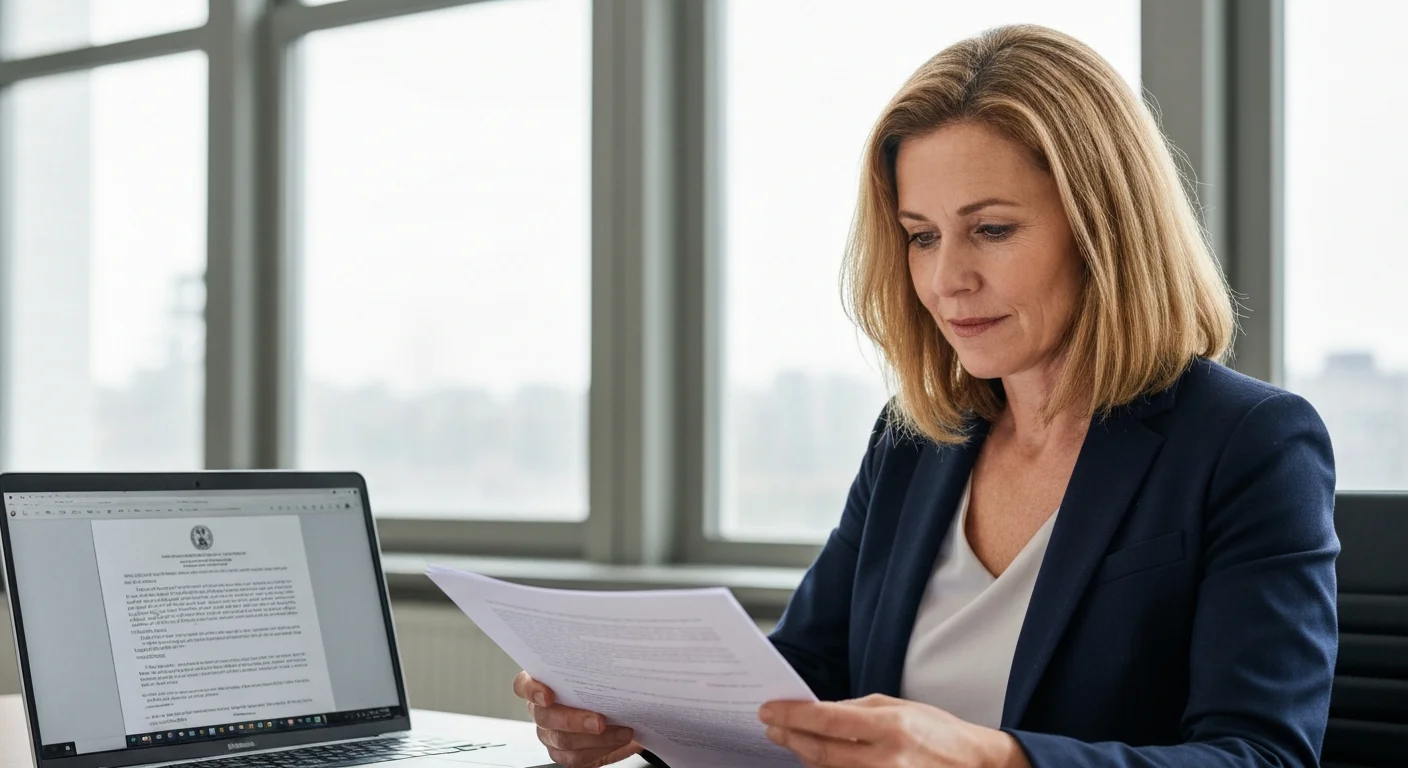 Frau Mitte 40 im Büro liest einen Schulungsnachweis zur EU KI-Verordnung, daneben Laptop mit geöffnetem Dokument