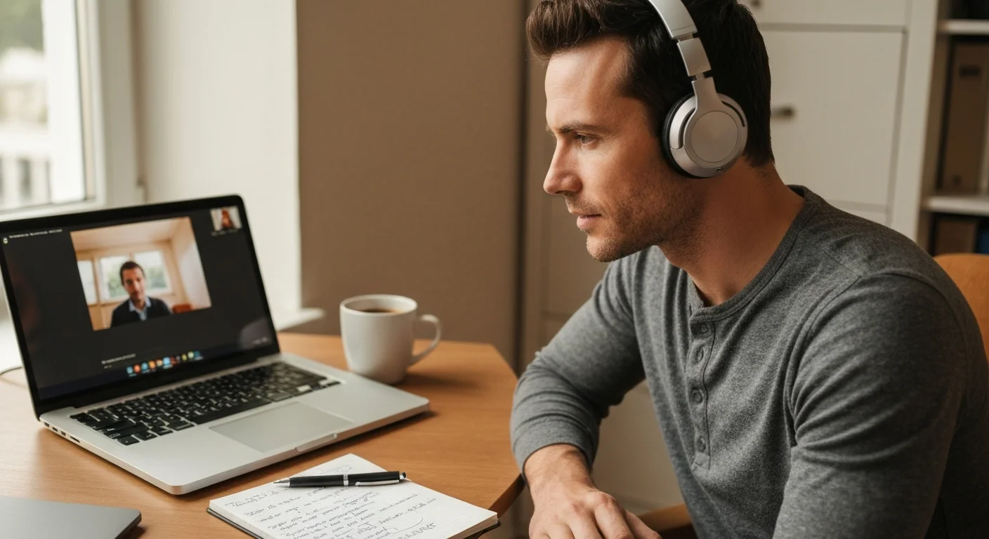 Mann Ende 30 mit Kopfhörern am Schreibtisch, hört Telefonat über Laptop, Notizblock daneben