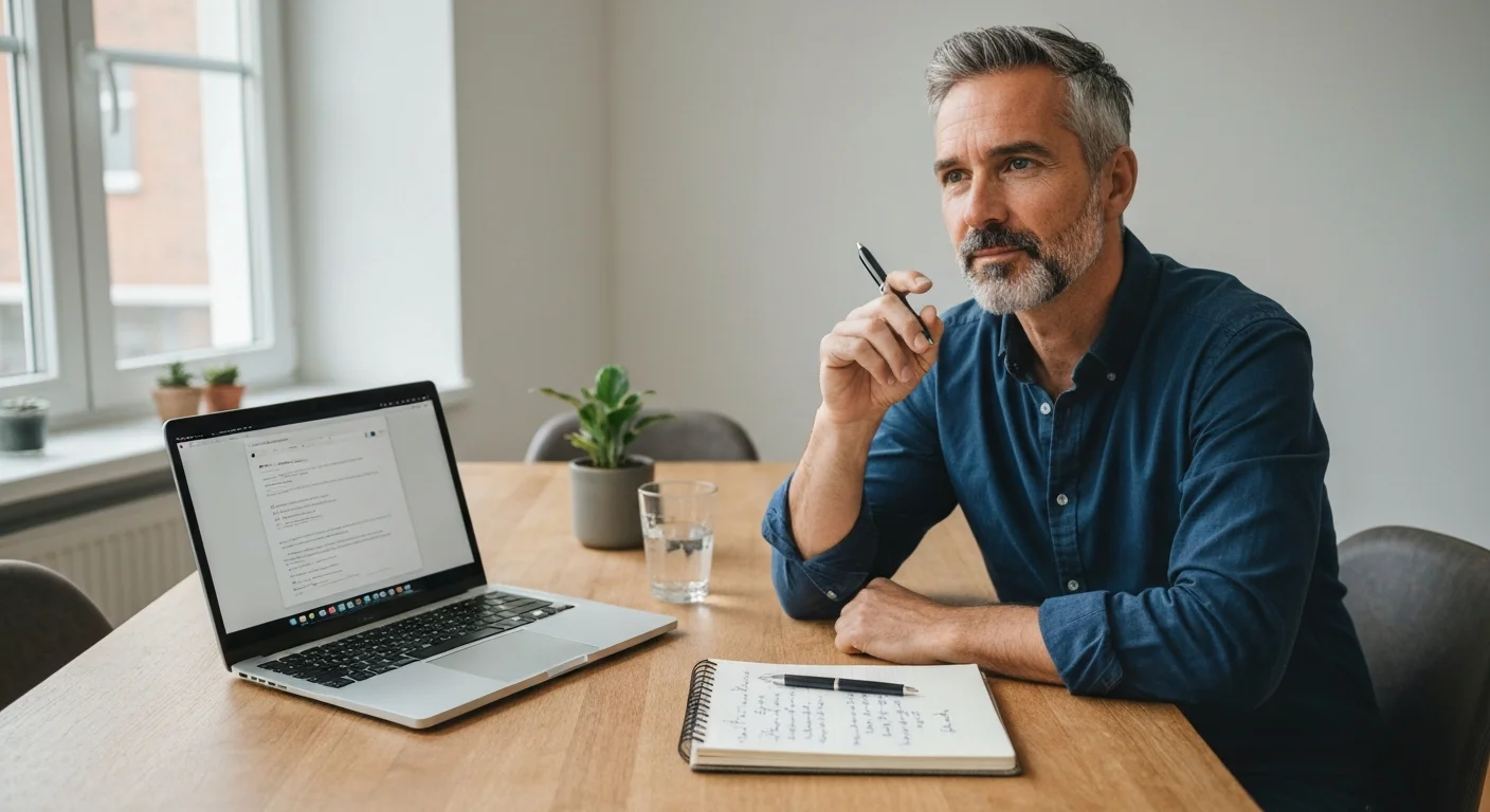 Mann Mitte 40 an Holztisch, schreibt auf Notizblock, Laptop zeigt leere E-Mail-Vorlage