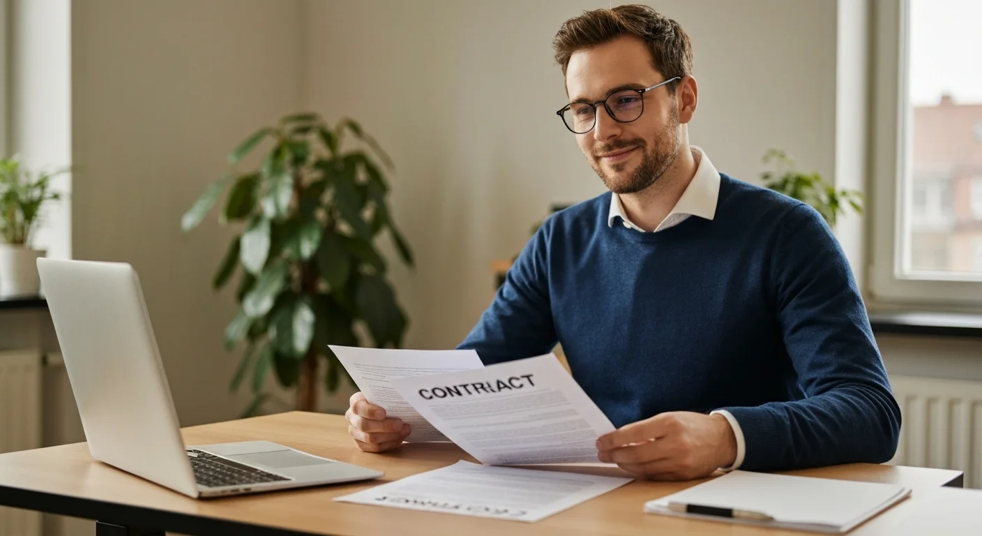 Junger Mann Ende 20 mit Laptop am Stehtisch, vergleicht alten und neuen Vertrag