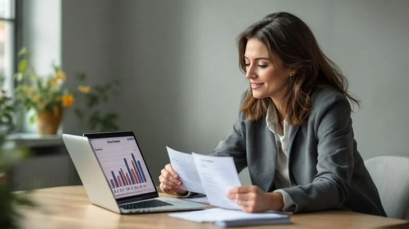 Frau Anfang 40 im Büro schaut auf zwei Gehaltsabrechnungen nebeneinander, konzentrierter Blick
