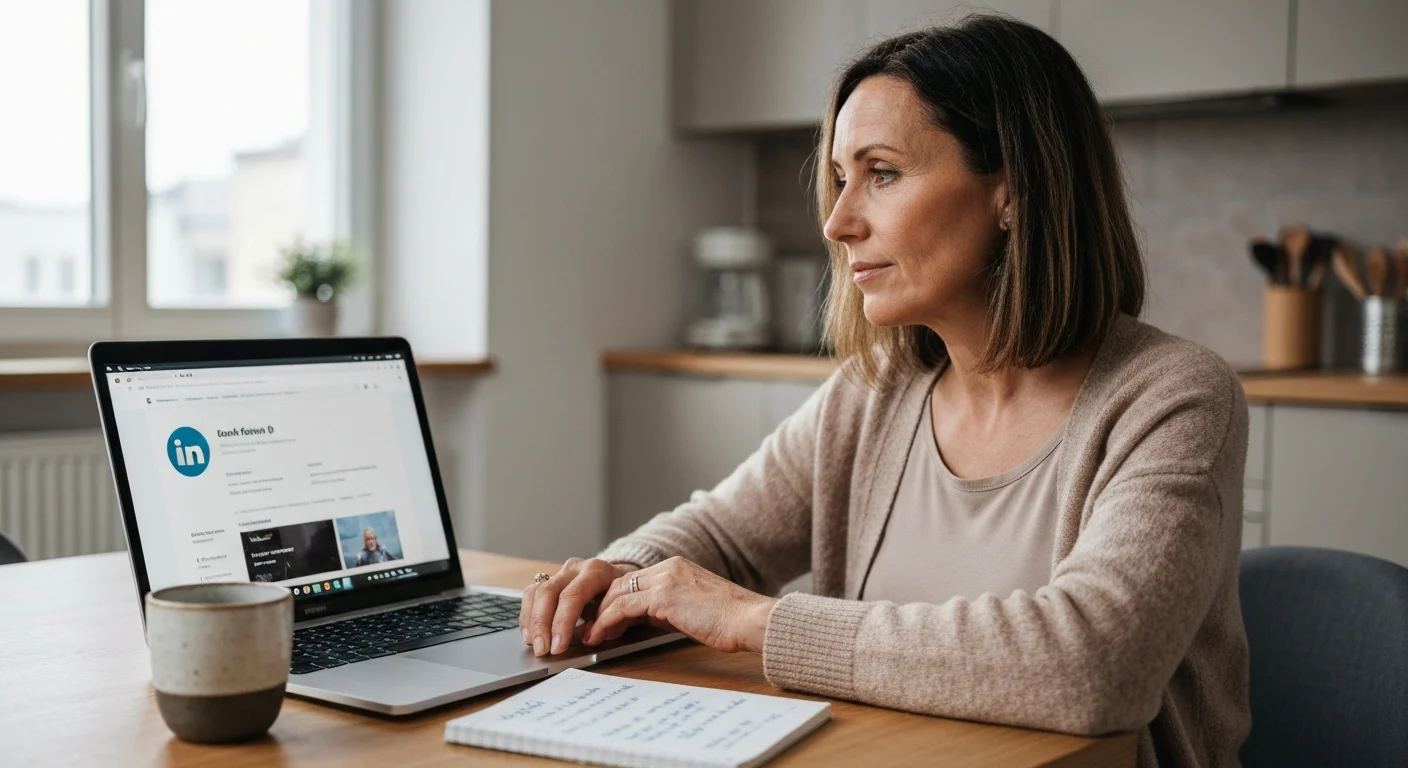 Frau Anfang 40 am Küchentisch, Laptop mit LinkedIn-Profil geöffnet, Kaffeetasse daneben