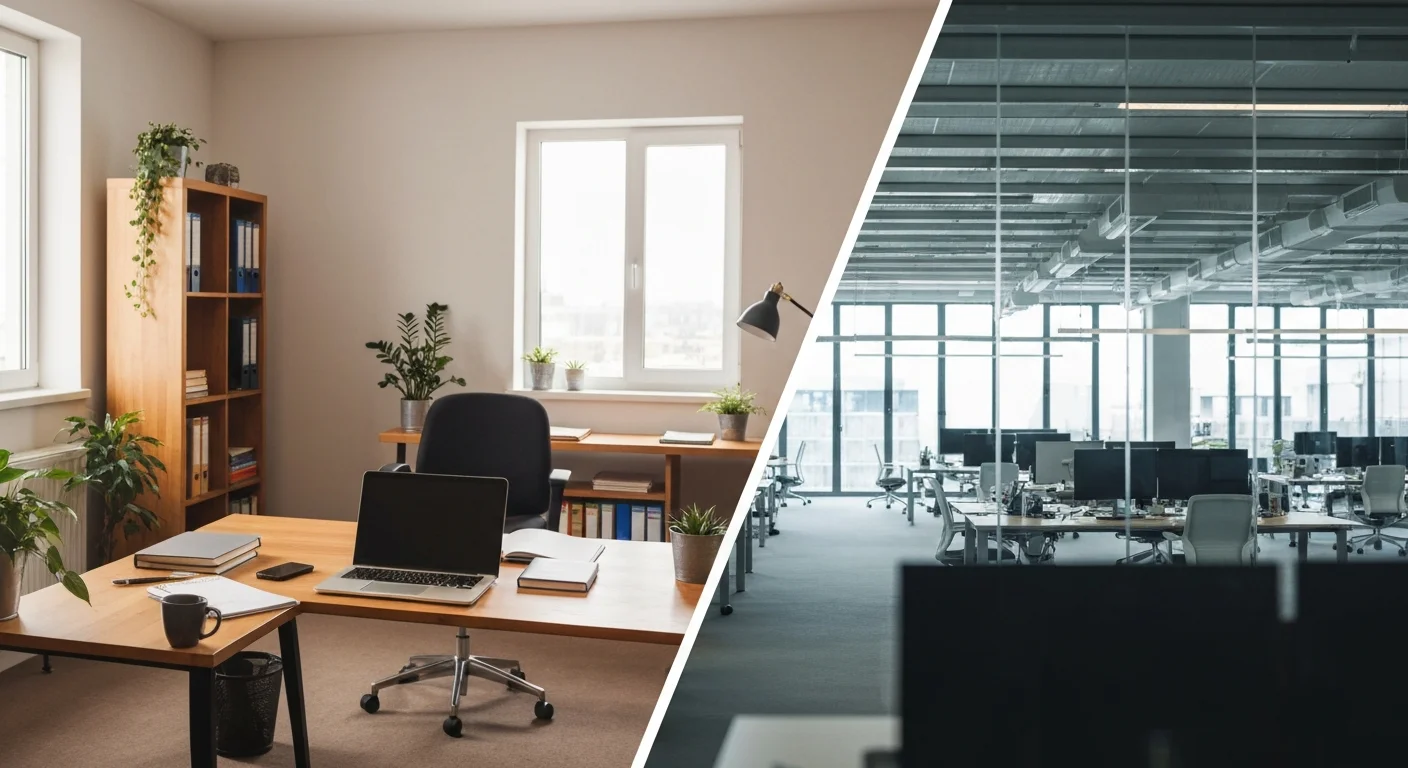 Zwei Büroumgebungen nebeneinander, links ein kleines gemütliches Büro im Mittelstand, rechts ein großes Großraumbüro im Konzern