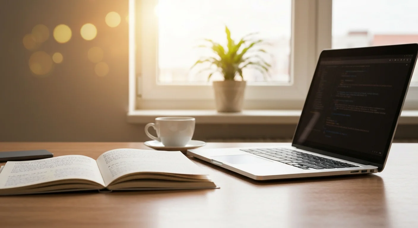Aufgeschlagenes Notizbuch mit handschriftlichen Notizen neben einem Laptop auf einem hellen Holztisch, Kaffeetasse daneben