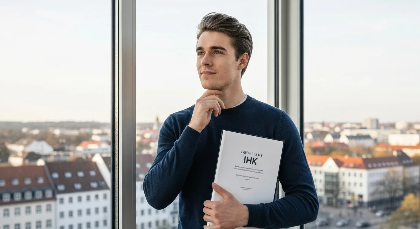 Junger Mann Mitte 20 mit Gesellenbrief in der Hand, nachdenklich vor einem Fenster mit Stadtblick