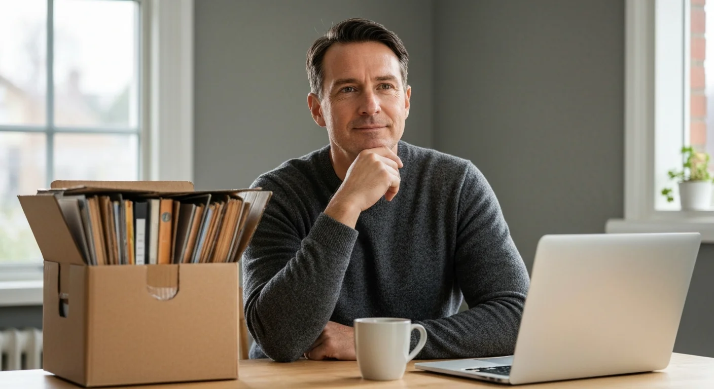 Mann Mitte 40 mit Laptop in Küche, alte Geschäftsunterlagen im Karton, Blick nach vorne gerichtet