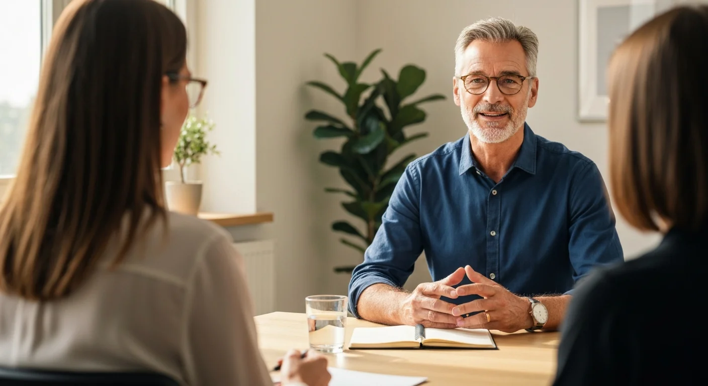 Mann Anfang 50 in ruhigem Gespräch mit zwei Interviewerinnen, offene Haltung, Notizen vor sich, freundliche Atmosphäre