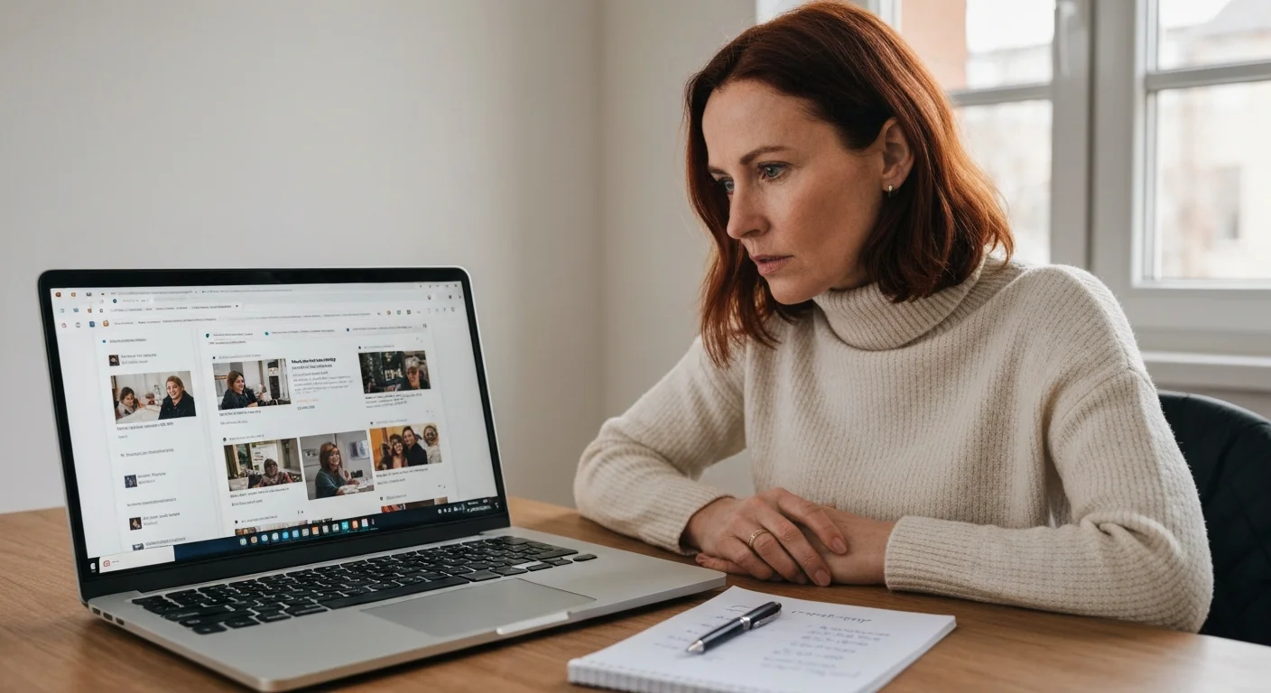 Frau Ende 30 vergleicht mehrere Jobbörsen auf Laptop, Notizblock mit Vergleichsliste