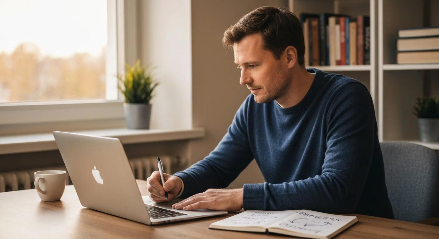 Quereinsteiger am Laptop im Home Office, arbeitet an einem selbstdefinierten Projekt, Notizblock daneben