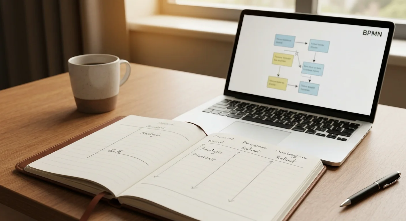 Notizbuch mit handgeschriebenem Zeitstrahl eines Projekts, daneben ein Laptop mit BPMN-Diagramm