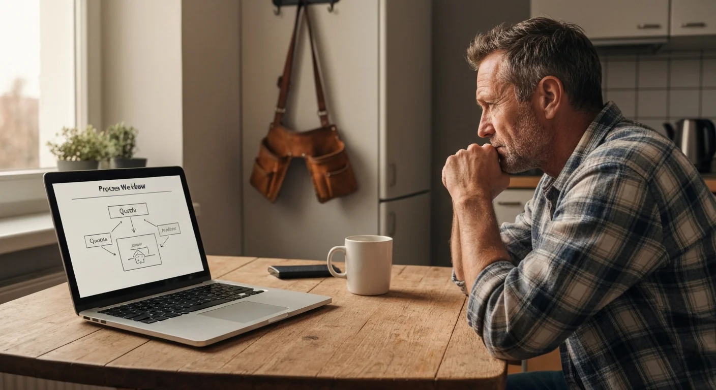 Handwerker Mitte 40 am Küchentisch, Werkzeuggürtel im Hintergrund, Laptop zeigt Angebotsprozess