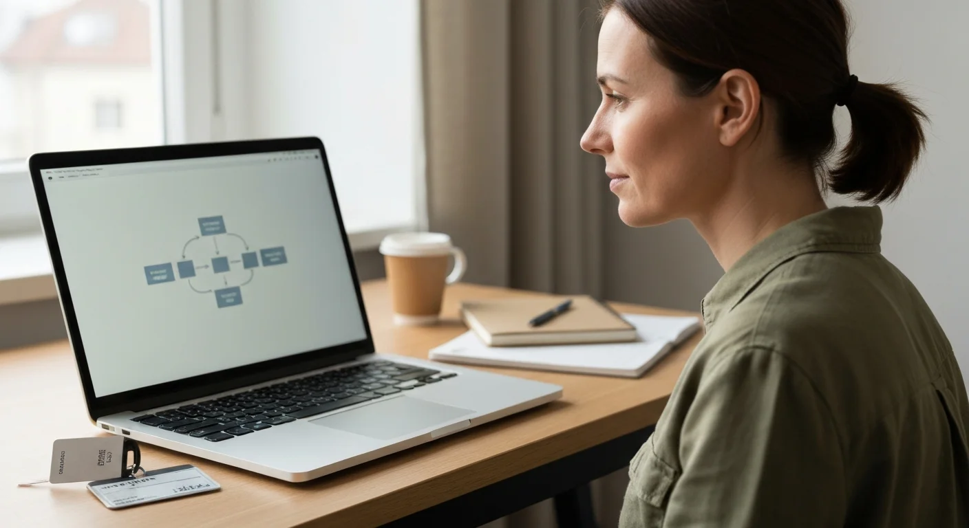 Ehemalige Hotelrezeptionistin Anfang 30 in ruhigem Home-Office, Laptop zeigt Prozessdiagramm, Hotelschluessel als stilles Symbol im Hintergrund