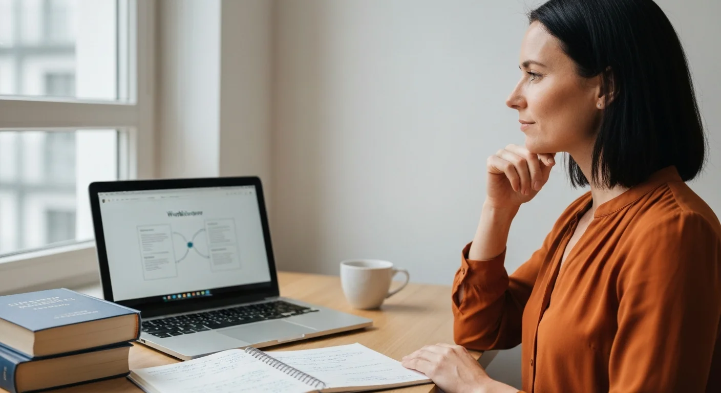 Juristin Anfang 30 am Schreibtisch, Gesetzeskommentare beiseite, Laptop zeigt Prozessdiagramm, weiches Tageslicht