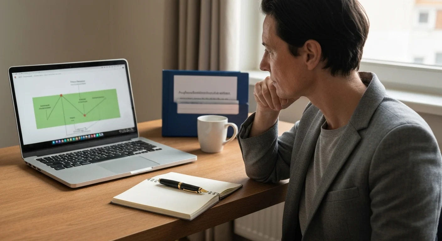 Verwaltungsmitarbeiter Anfang 40 am Schreibtisch, Laptop zeigt Prozesslandkarte, Aktenordner zur Seite