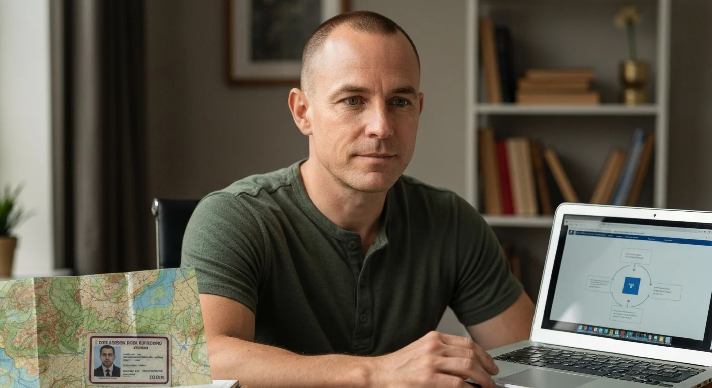 Mann Ende 30 in ziviler Kleidung am Schreibtisch, Landkarten und Dienstausweis liegen beiseite, Laptop zeigt Prozessdiagramm