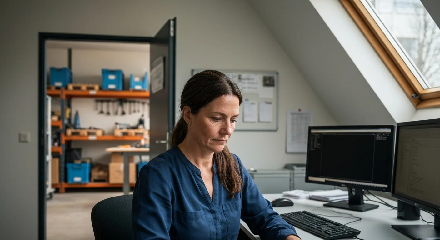 Frau Anfang 40 in einer kleinen Firma, allein vor zwei Bildschirmen, im Hintergrund ein Lager mit Regalen und ein Werkstattbereich