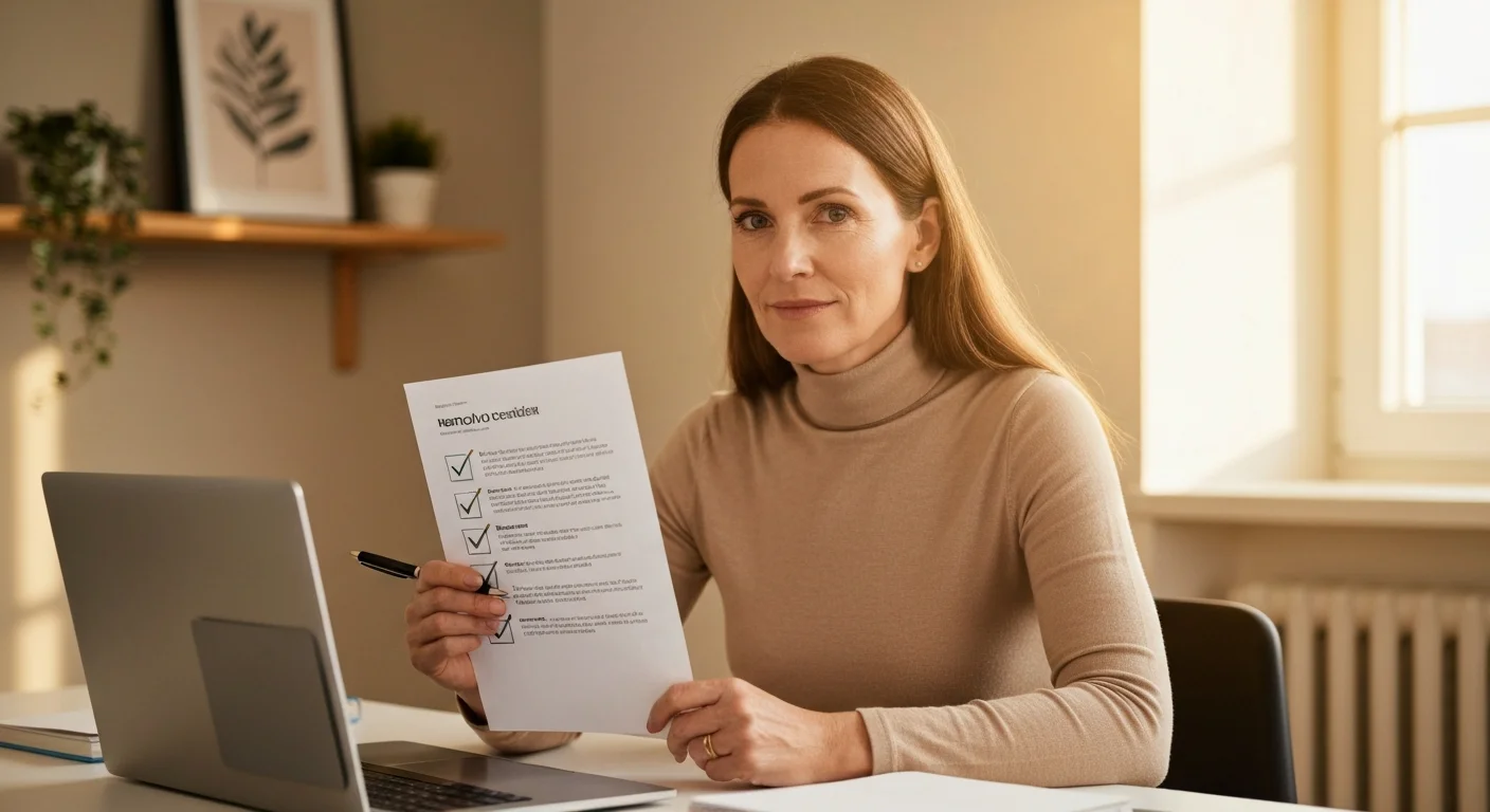 Frau am Schreibtisch mit Checkliste und Laptop, überprüft ihre Bewerbungsunterlagen