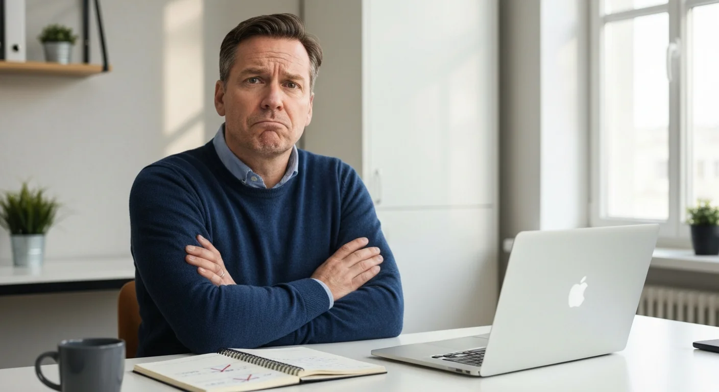 Mann am Schreibtisch, schaut kritisch auf einen Bildschirm mit einer langen Liste von Tool-Logos